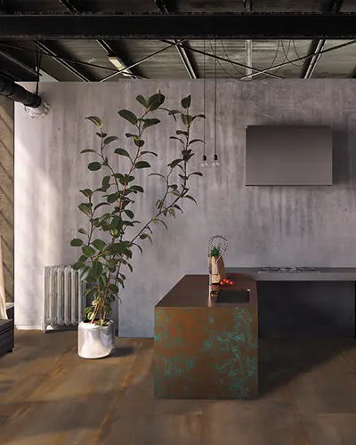 Loft industriale con pavimento in gres effetto metallo ossidato bruno e parete grigia
